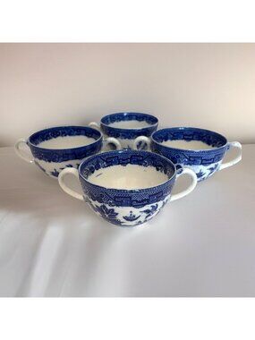 Antique Allertons England Flow Blue Willow Double Handled Bouillon Cup Set of 4